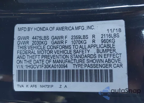 2019 Honda Accord Sport из США, поврежденный, VIN 1HGCV1F30KA010094